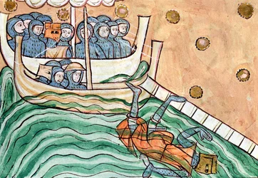 Tonący wiking, prawdopodobnie Olav Trygvason (968-1000) z Norwegii w bitwie pod Svold 9 września 1000 r.